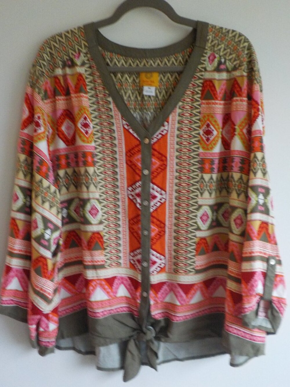 Ruby Rd. Woman Blouse -Size 3X - Boho Green/Orange/Pink Button Up Tie (914)